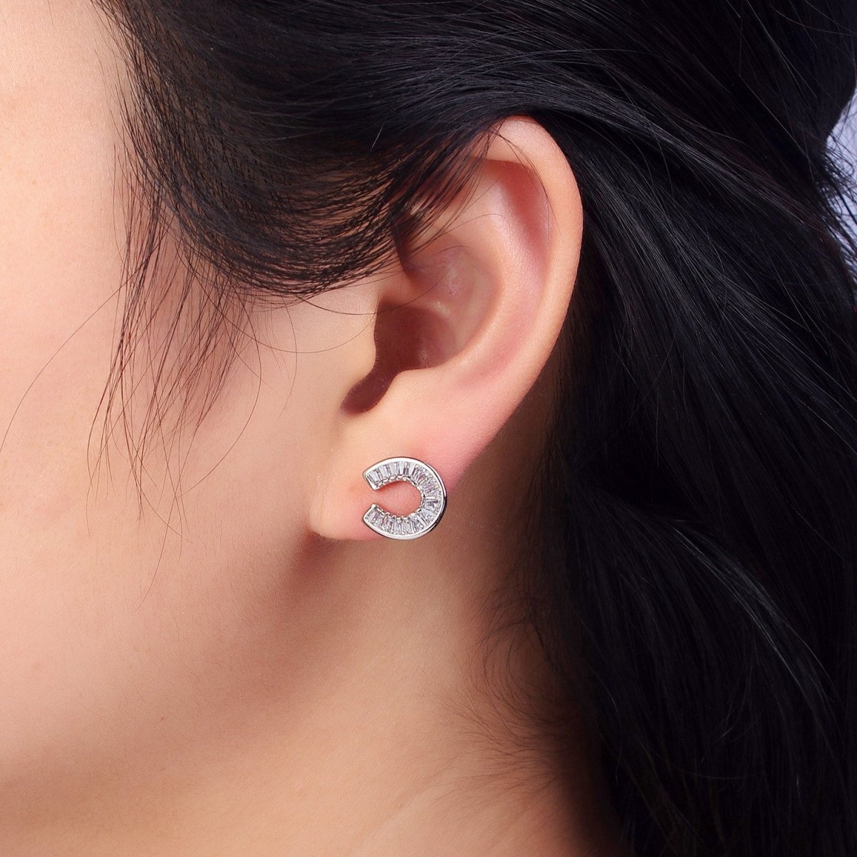 White Gold plated Baguette Circular Lucky Horseshoe Stud Earrings | AB1041 - DLUXCA