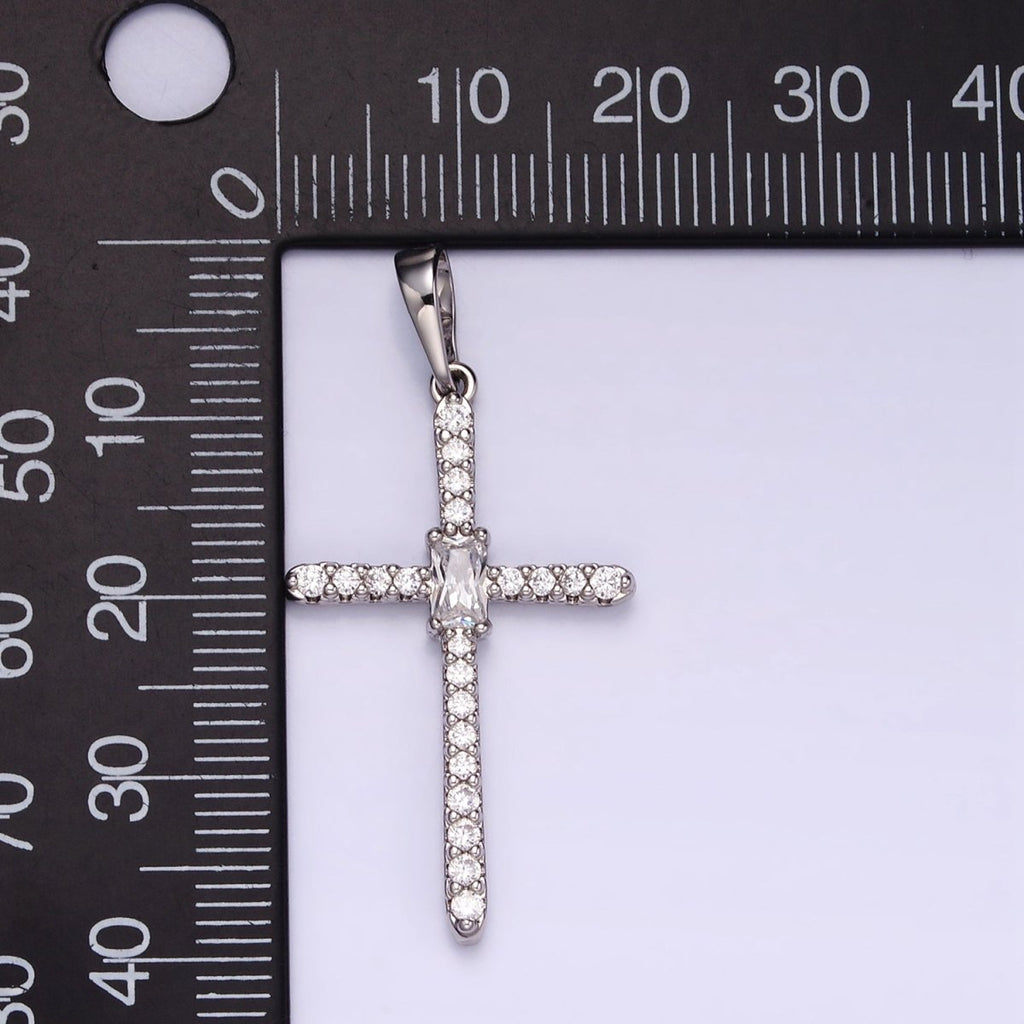 White Gold plated Baguette Micro Paved CZ Religious Cross Pendant | I360 - DLUXCA