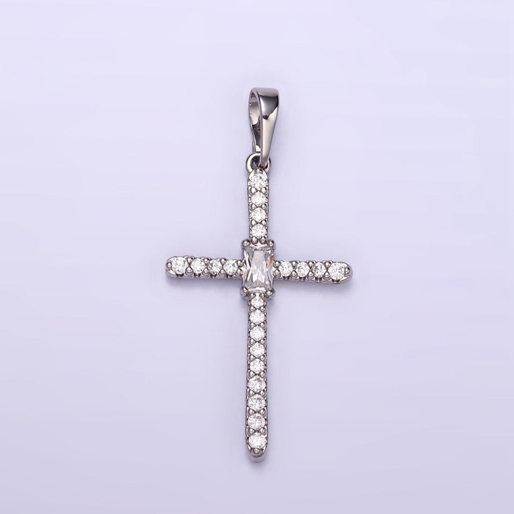 White Gold plated Baguette Micro Paved CZ Religious Cross Pendant | I360 - DLUXCA