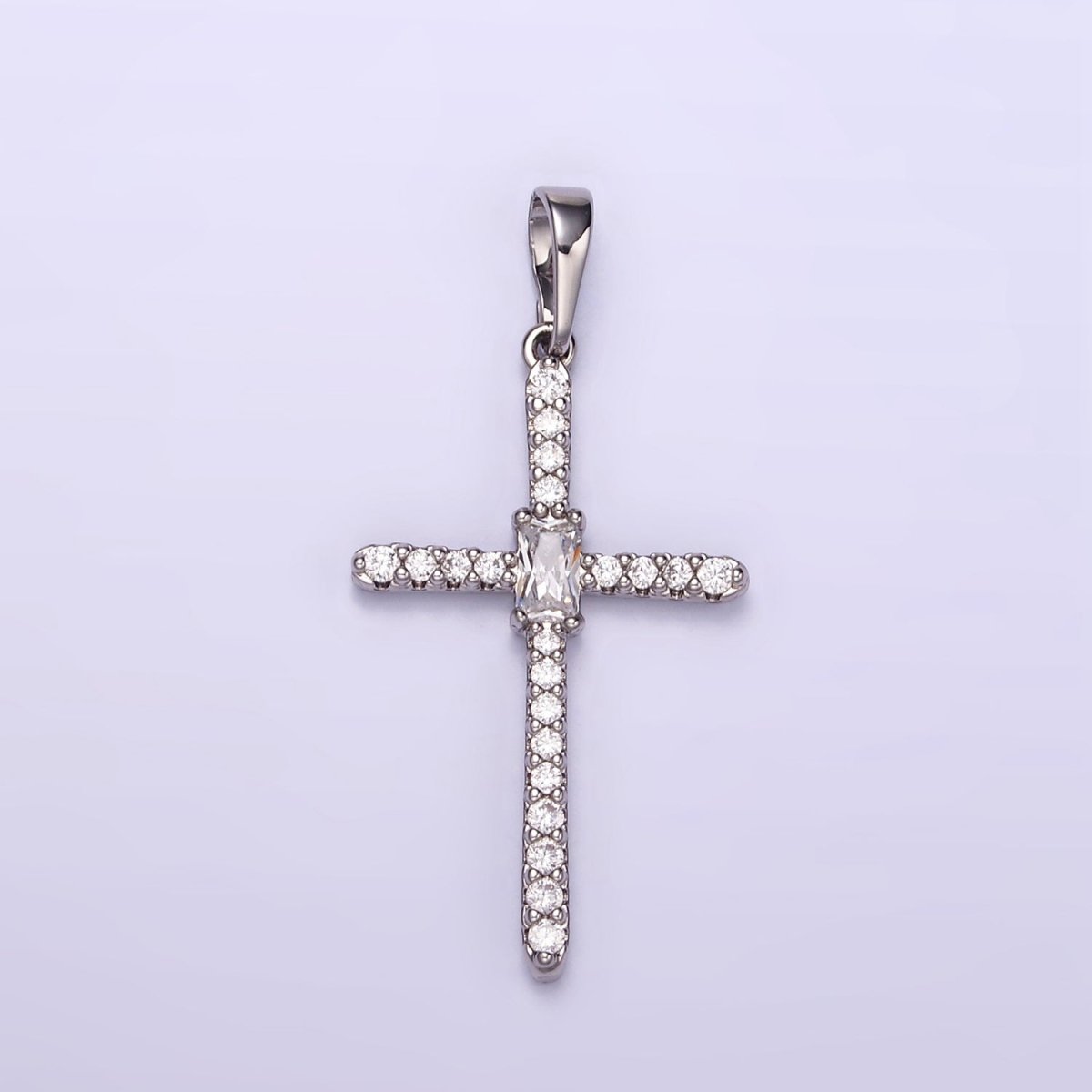 White Gold plated Baguette Micro Paved CZ Religious Cross Pendant | I360 - DLUXCA