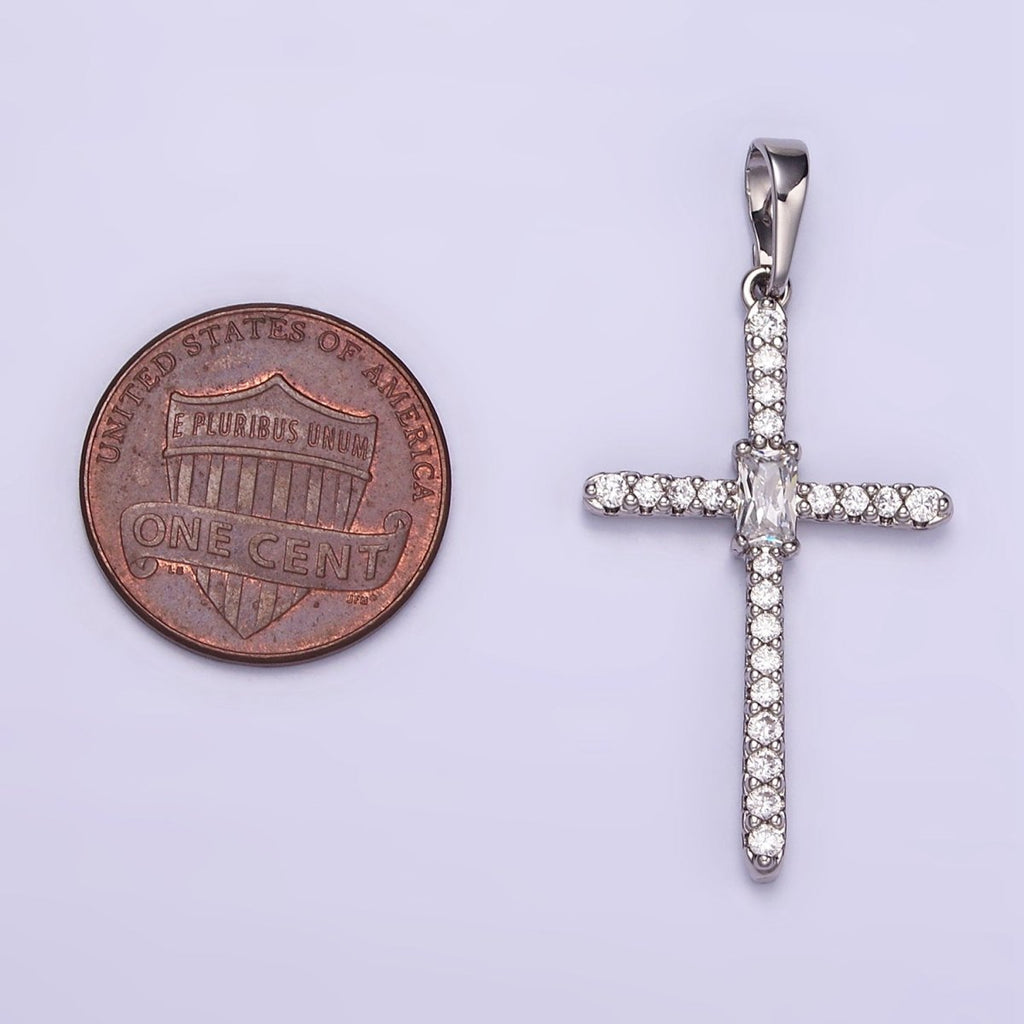White Gold plated Baguette Micro Paved CZ Religious Cross Pendant | I360 - DLUXCA