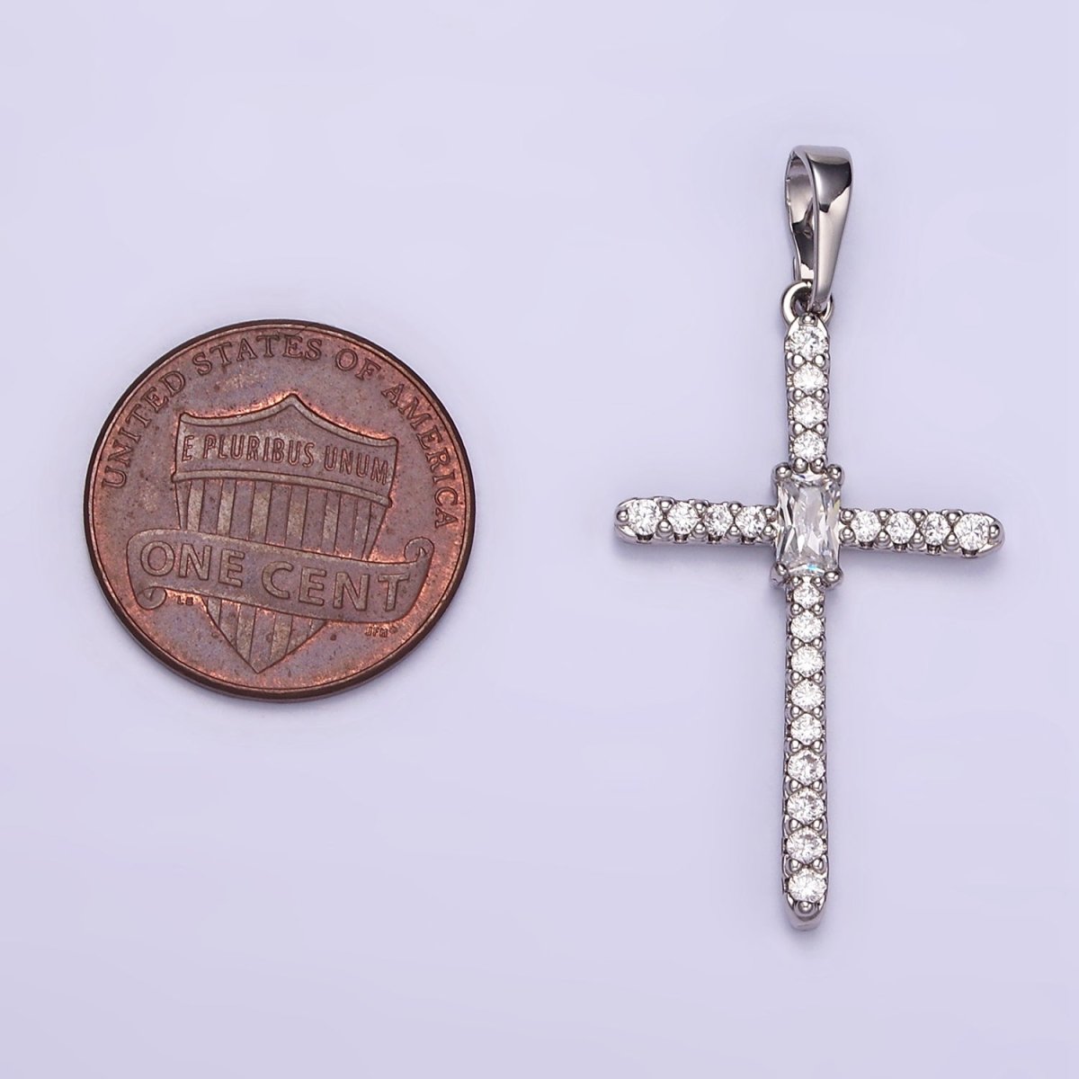White Gold plated Baguette Micro Paved CZ Religious Cross Pendant | I360 - DLUXCA