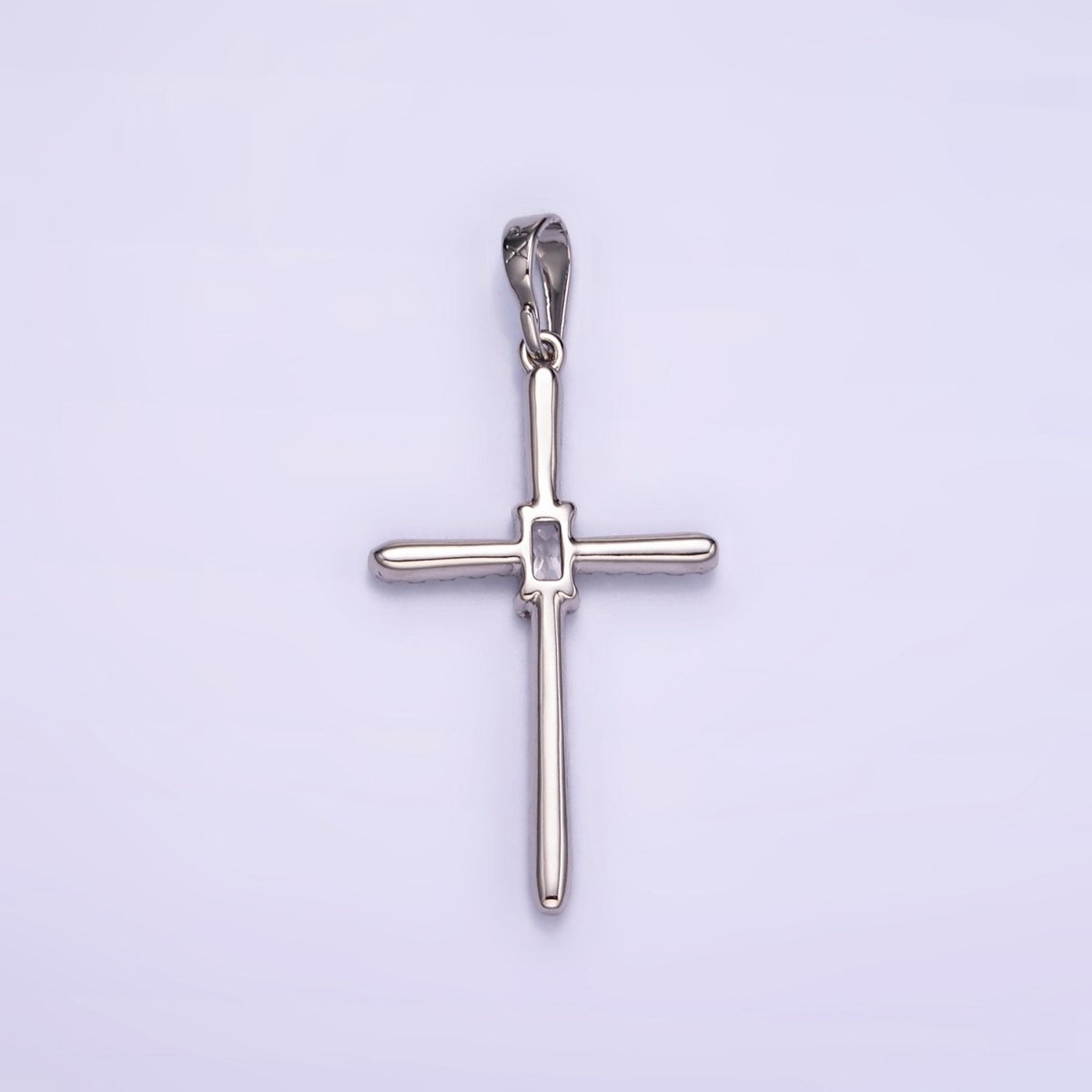 White Gold plated Baguette Micro Paved CZ Religious Cross Pendant | I360 - DLUXCA
