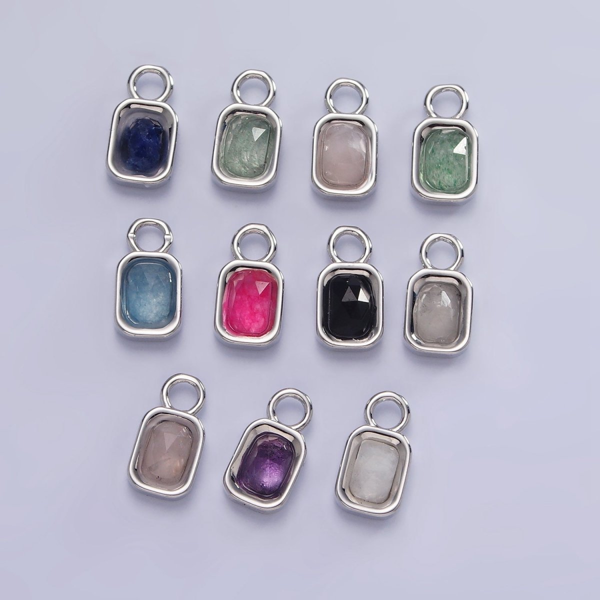 White Gold plated Baguette Multifaceted Natural Gemstone Personalized Add-On Silver Charm | AC1400 - AC1410