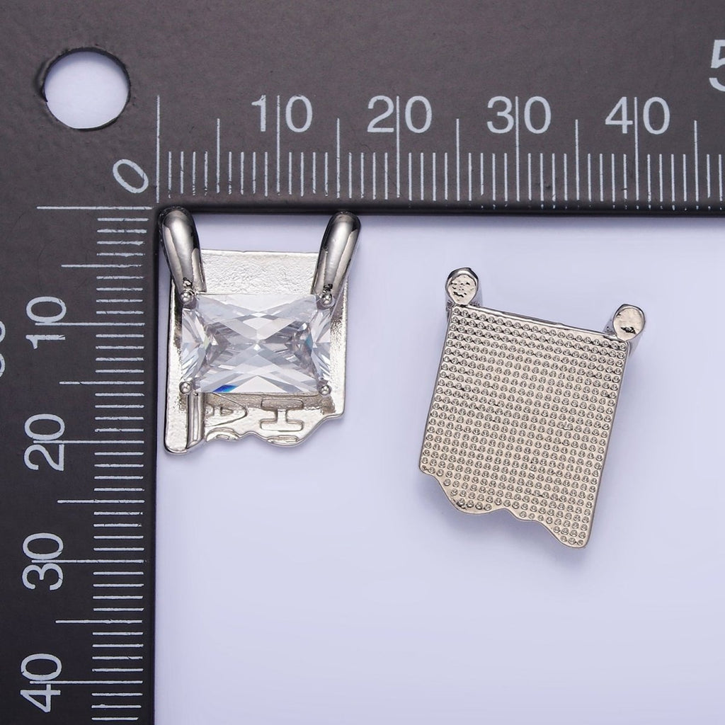 White Gold plated Baguette Script Snapped Tag Connector | G378 - DLUXCA