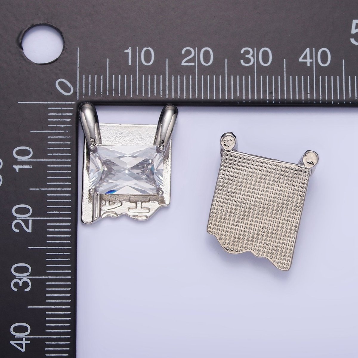 White Gold plated Baguette Script Snapped Tag Connector | G378 - DLUXCA