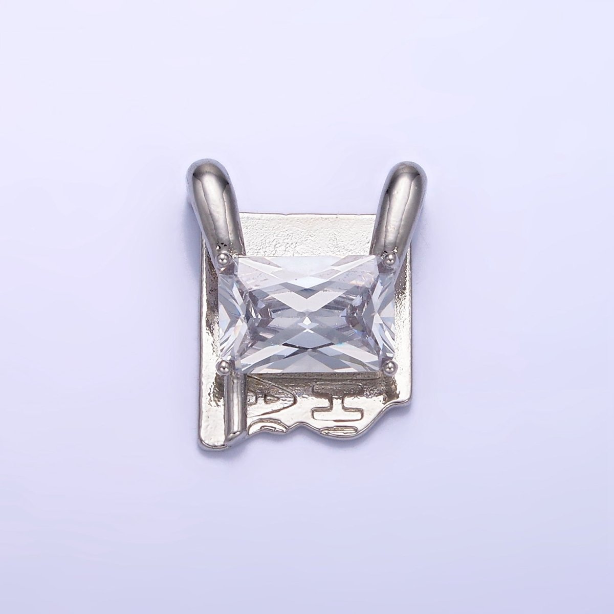 White Gold plated Baguette Script Snapped Tag Connector | G378 - DLUXCA