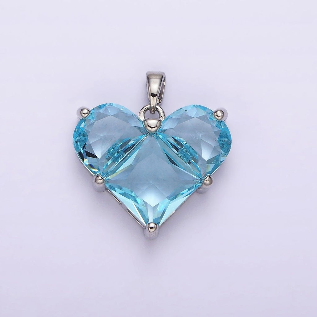 White Gold plated Blue CZ Pixelated Heart Silver Pendant | AA763 - DLUXCA