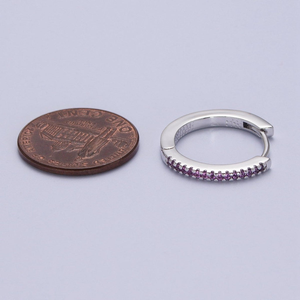 White Gold plated Blue, Fuchsia Micro Paved CZ 17mm Silver Huggie Earrings | AB012 AB014