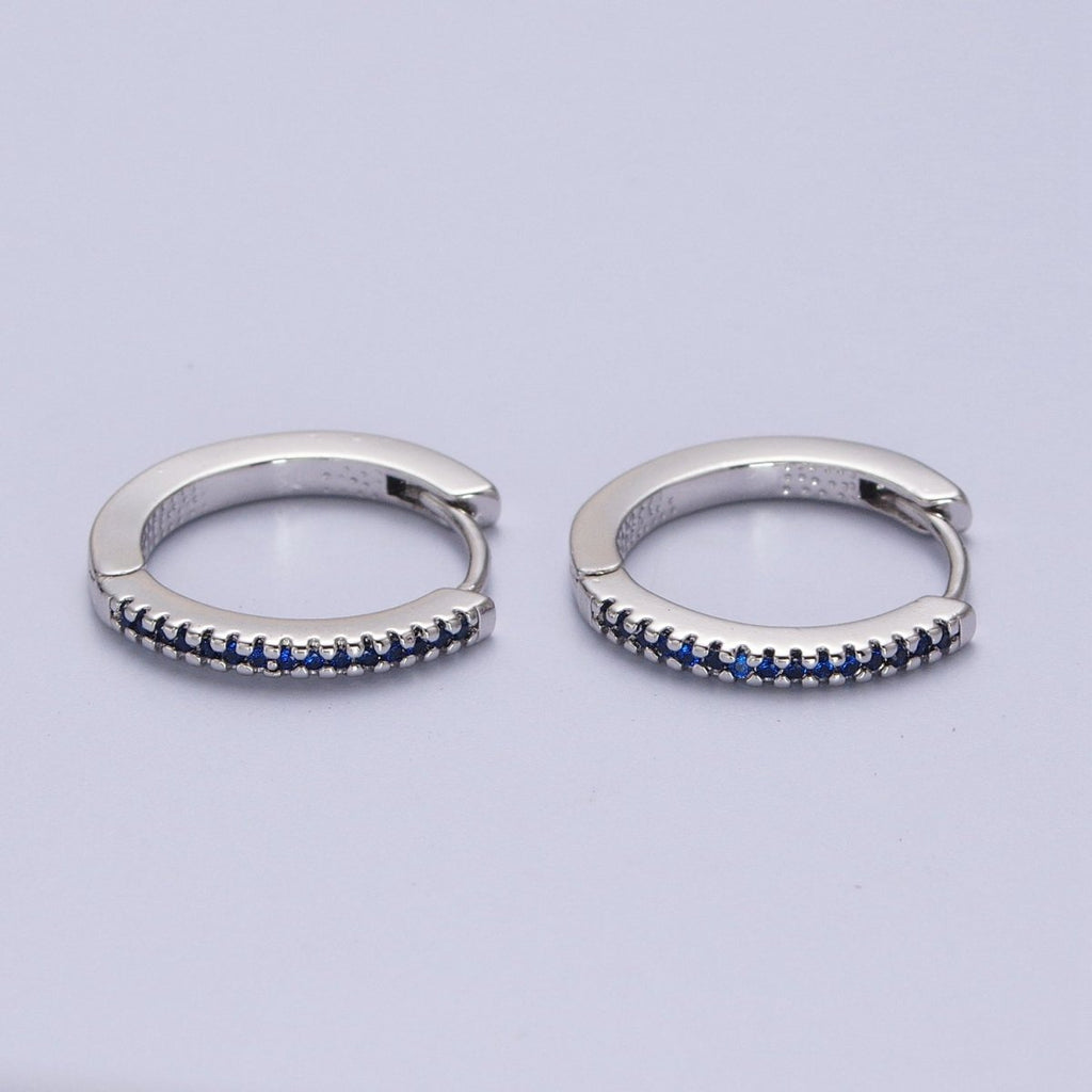 White Gold plated Blue, Fuchsia Micro Paved CZ 17mm Silver Huggie Earrings | AB012 AB014