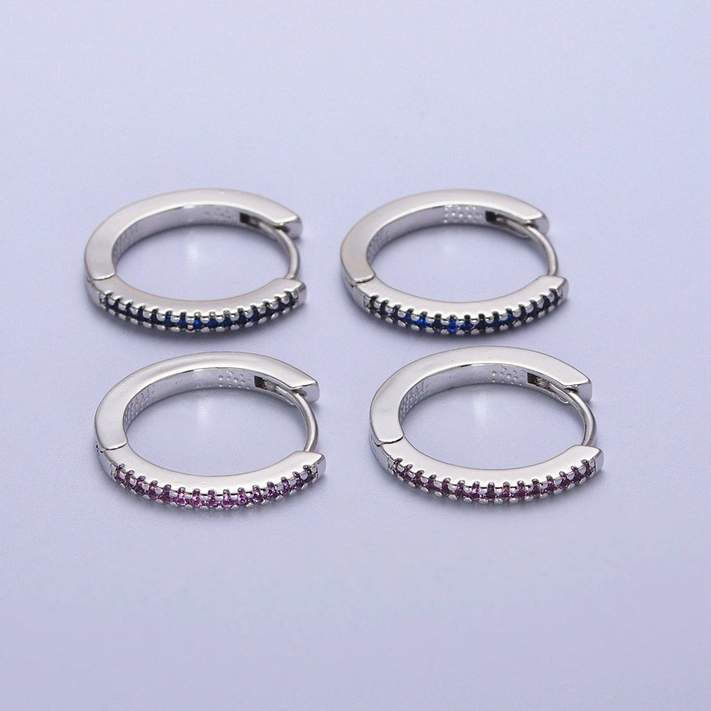 White Gold plated Blue, Fuchsia Micro Paved CZ 17mm Silver Huggie Earrings | AB012 AB014