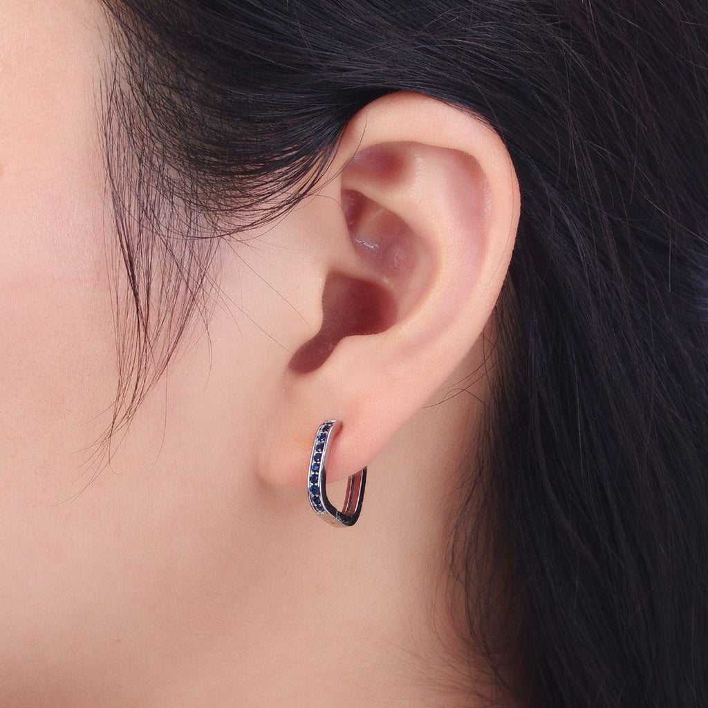 White Gold plated Blue Micro Paved CZ Lined Silver Square Huggie Earrings P-499 - DLUXCA