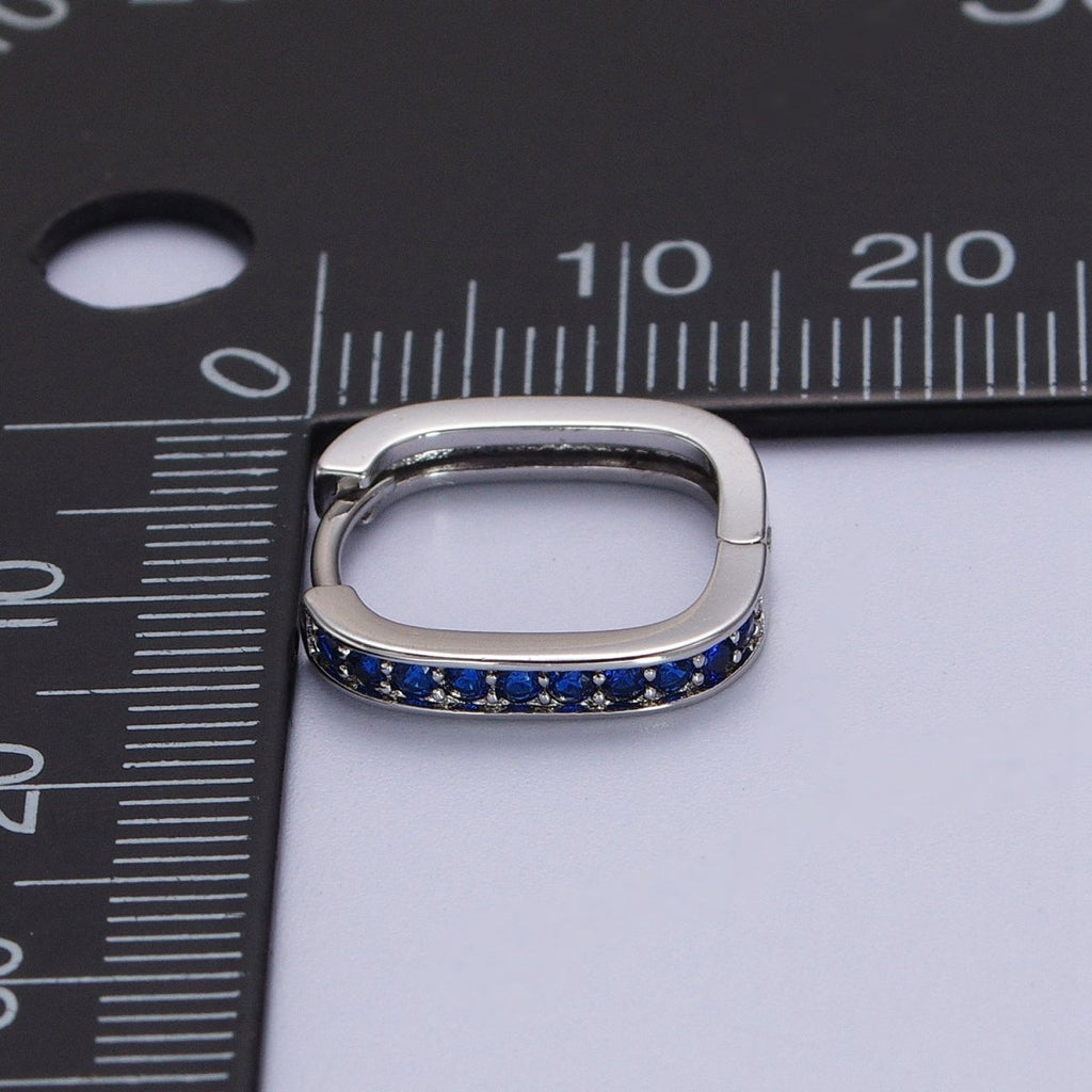 White Gold plated Blue Micro Paved CZ Lined Silver Square Huggie Earrings P-499 - DLUXCA