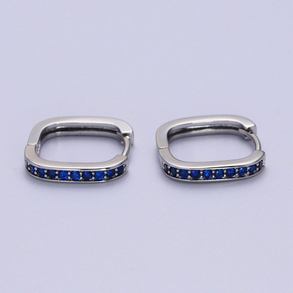 White Gold plated Blue Micro Paved CZ Lined Silver Square Huggie Earrings P-499 - DLUXCA