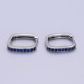 White Gold plated Blue Micro Paved CZ Lined Silver Square Huggie Earrings P-499 - DLUXCA