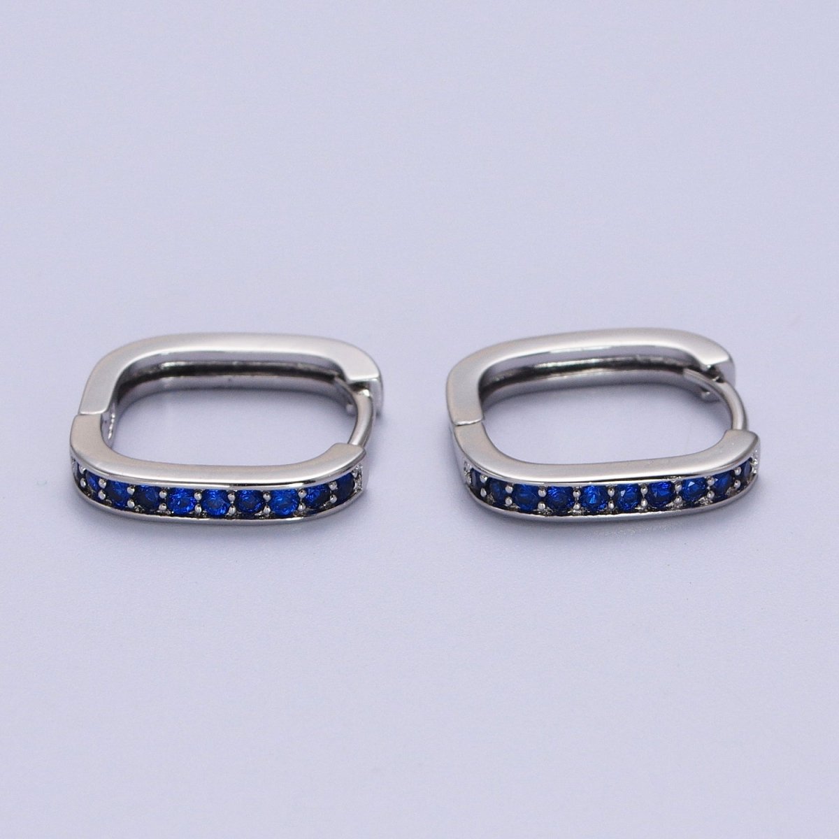 White Gold plated Blue Micro Paved CZ Lined Silver Square Huggie Earrings P-499 - DLUXCA