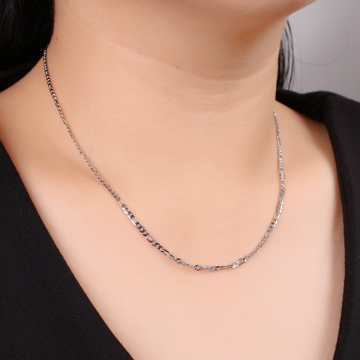 White Gold plated Chain Necklace, 17.7", 17.8", 19.6" Figaro Chains, 3.2mm, 3.3mm, 4.5mm Figaro Necklace w/ Lobster Clasps | CN-946, CN-947, CN-948  Clearance Pricing