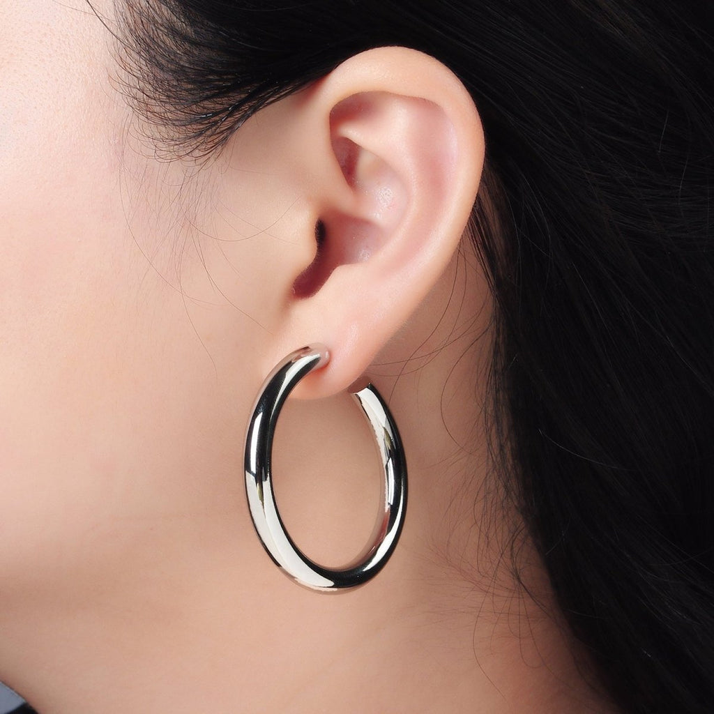 White Gold plated Chunky Minimalist Silver Tube Hoop Earrings | AD - 639 - DLUXCA