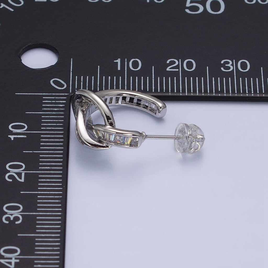 White Gold plated Clear Baguette Bar Abstract Twirl Stud Earrings | AD1299 - DLUXCA