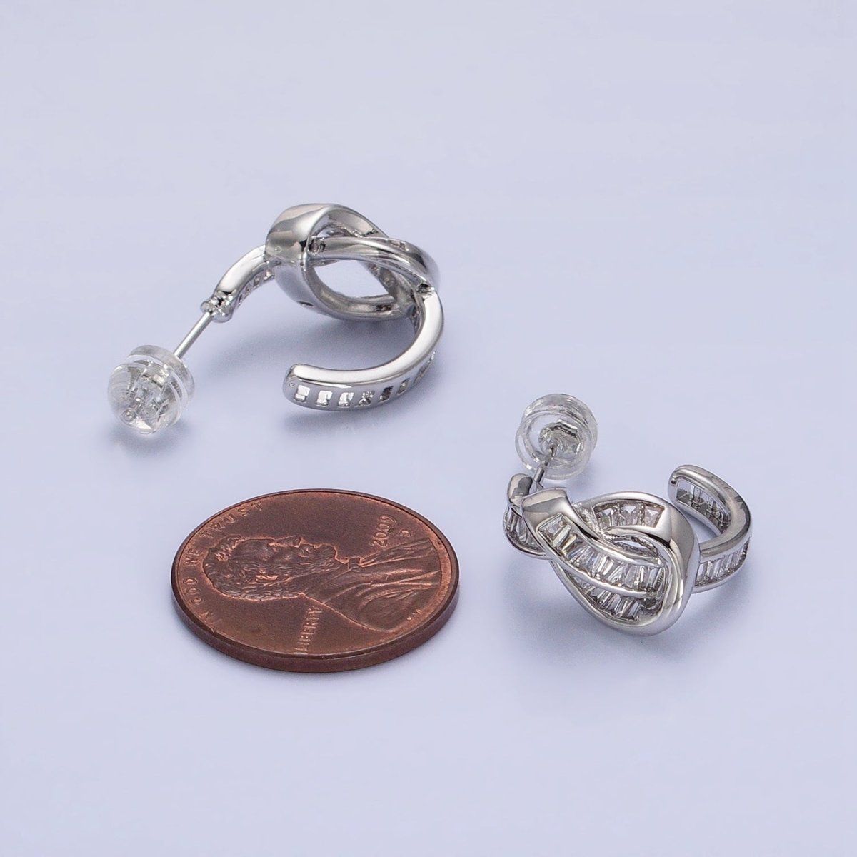 White Gold plated Clear Baguette Bar Abstract Twirl Stud Earrings | AD1299 - DLUXCA