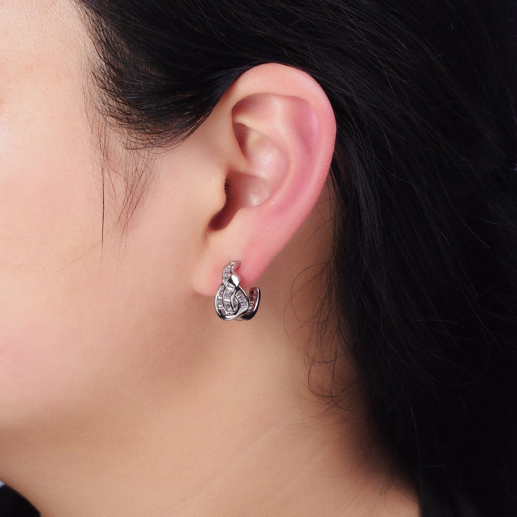 White Gold plated Clear Baguette Bar Abstract Twirl Stud Earrings | AD1299 - DLUXCA