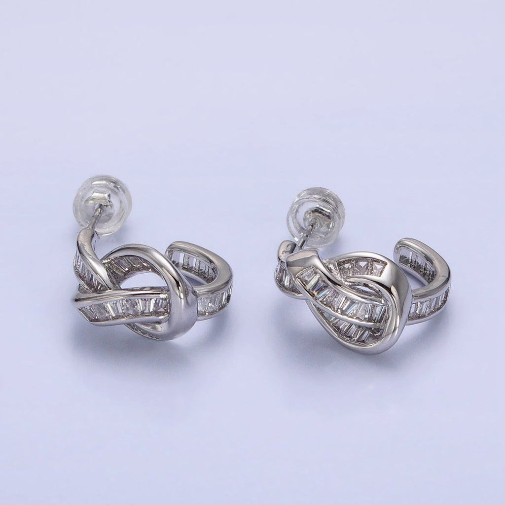 White Gold plated Clear Baguette Bar Abstract Twirl Stud Earrings | AD1299 - DLUXCA