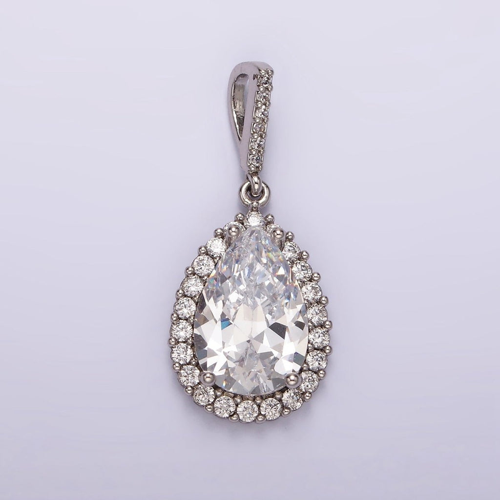 White Gold plated Clear CZ Lined Teardrop Micro Paved Pendant | AA1124 - DLUXCA
