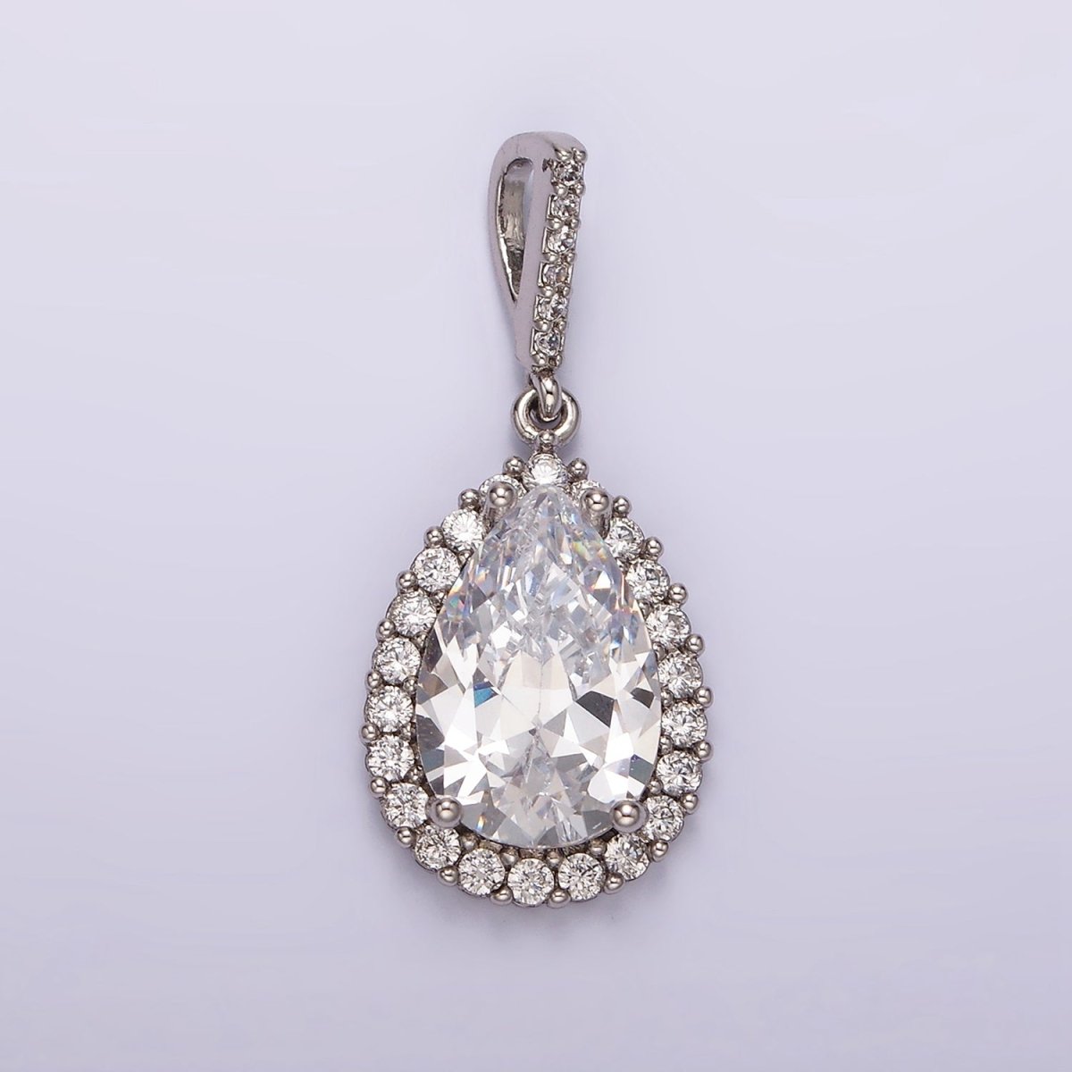 White Gold plated Clear CZ Lined Teardrop Micro Paved Pendant | AA1124 - DLUXCA
