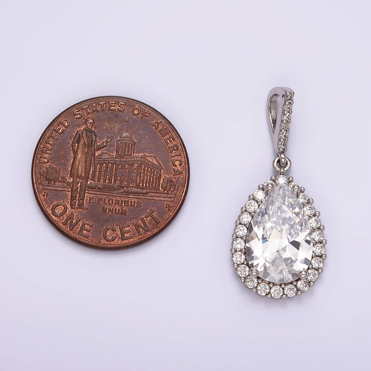White Gold plated Clear CZ Lined Teardrop Micro Paved Pendant | AA1124 - DLUXCA
