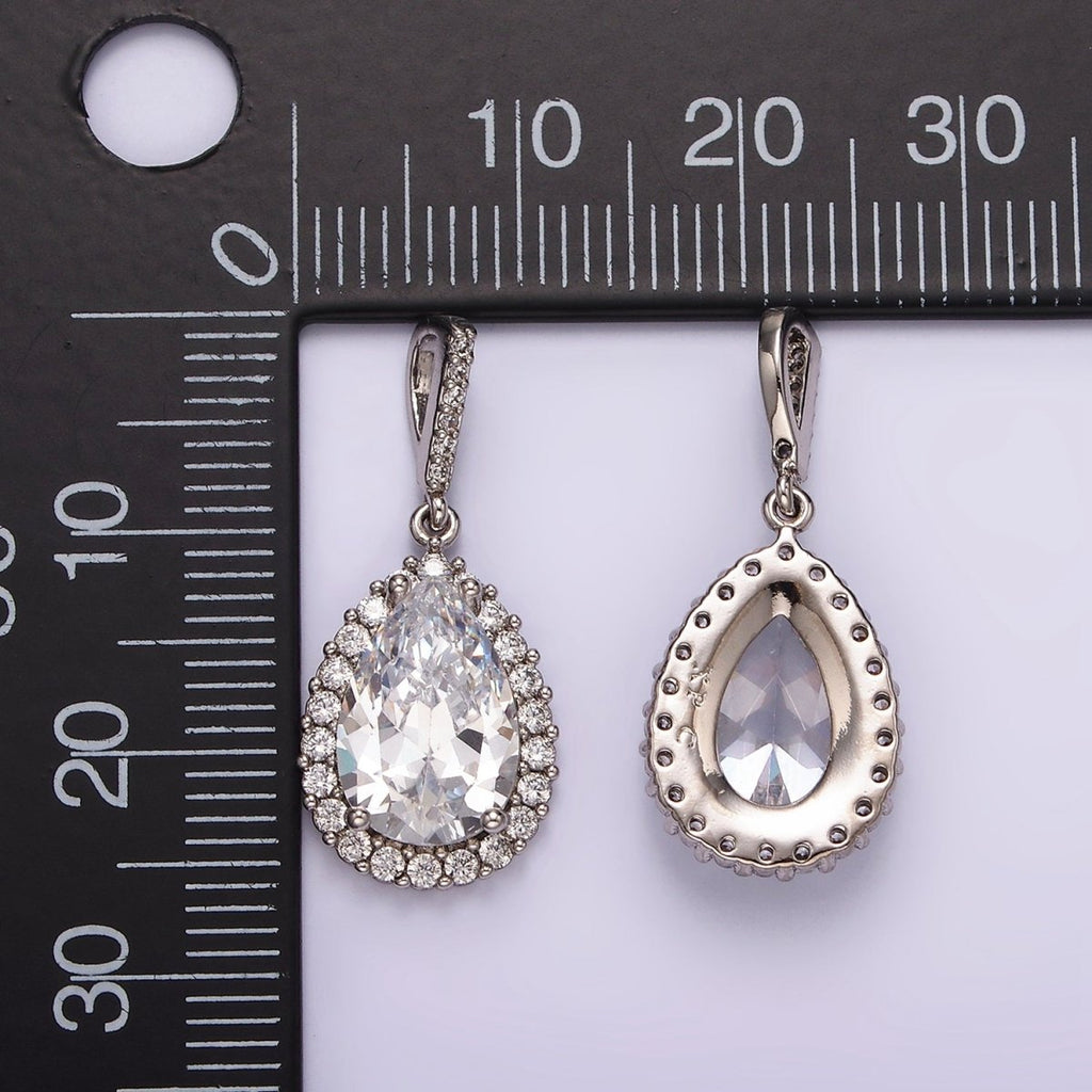 White Gold plated Clear CZ Lined Teardrop Micro Paved Pendant | AA1124 - DLUXCA