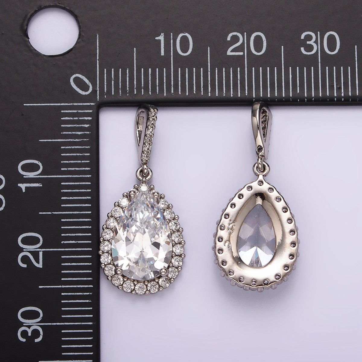 White Gold plated Clear CZ Lined Teardrop Micro Paved Pendant | AA1124 - DLUXCA
