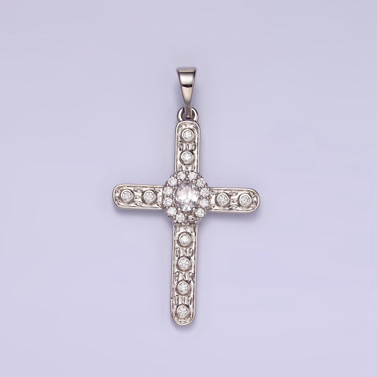 White Gold plated Clear CZ Micro Paved Dotted Religous Cross Pendant | I364 - DLUXCA