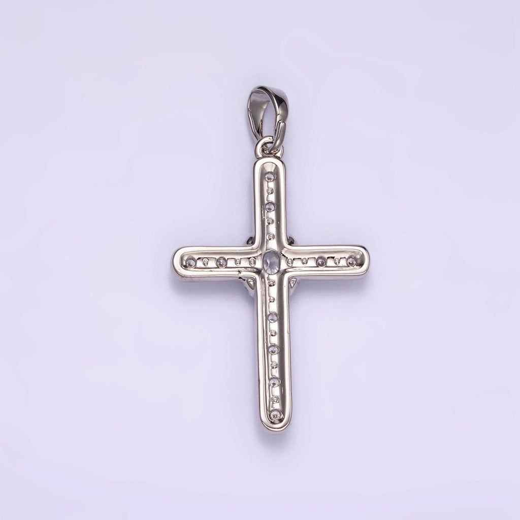 White Gold plated Clear CZ Micro Paved Dotted Religous Cross Pendant | I364 - DLUXCA