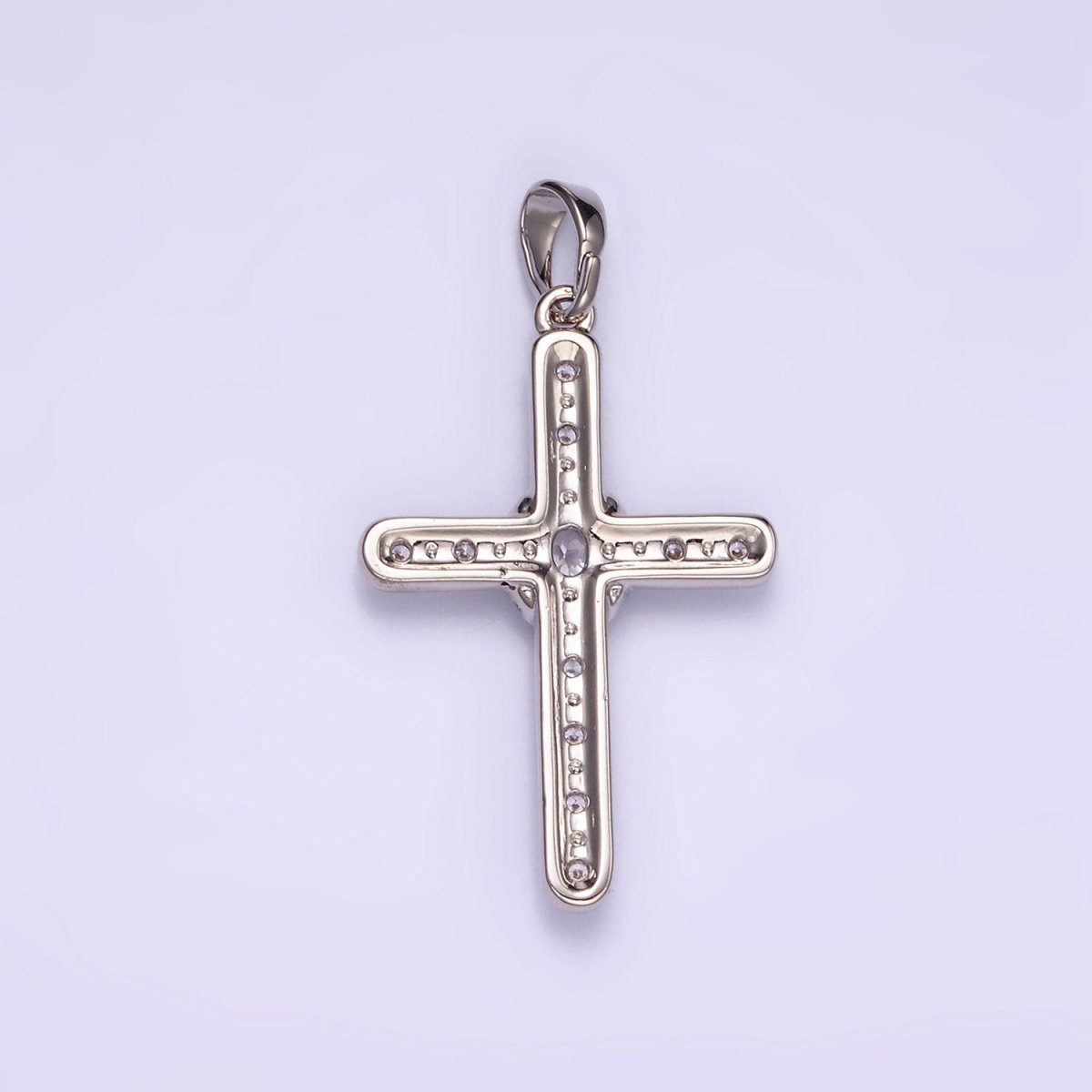 White Gold plated Clear CZ Micro Paved Dotted Religous Cross Pendant | I364 - DLUXCA