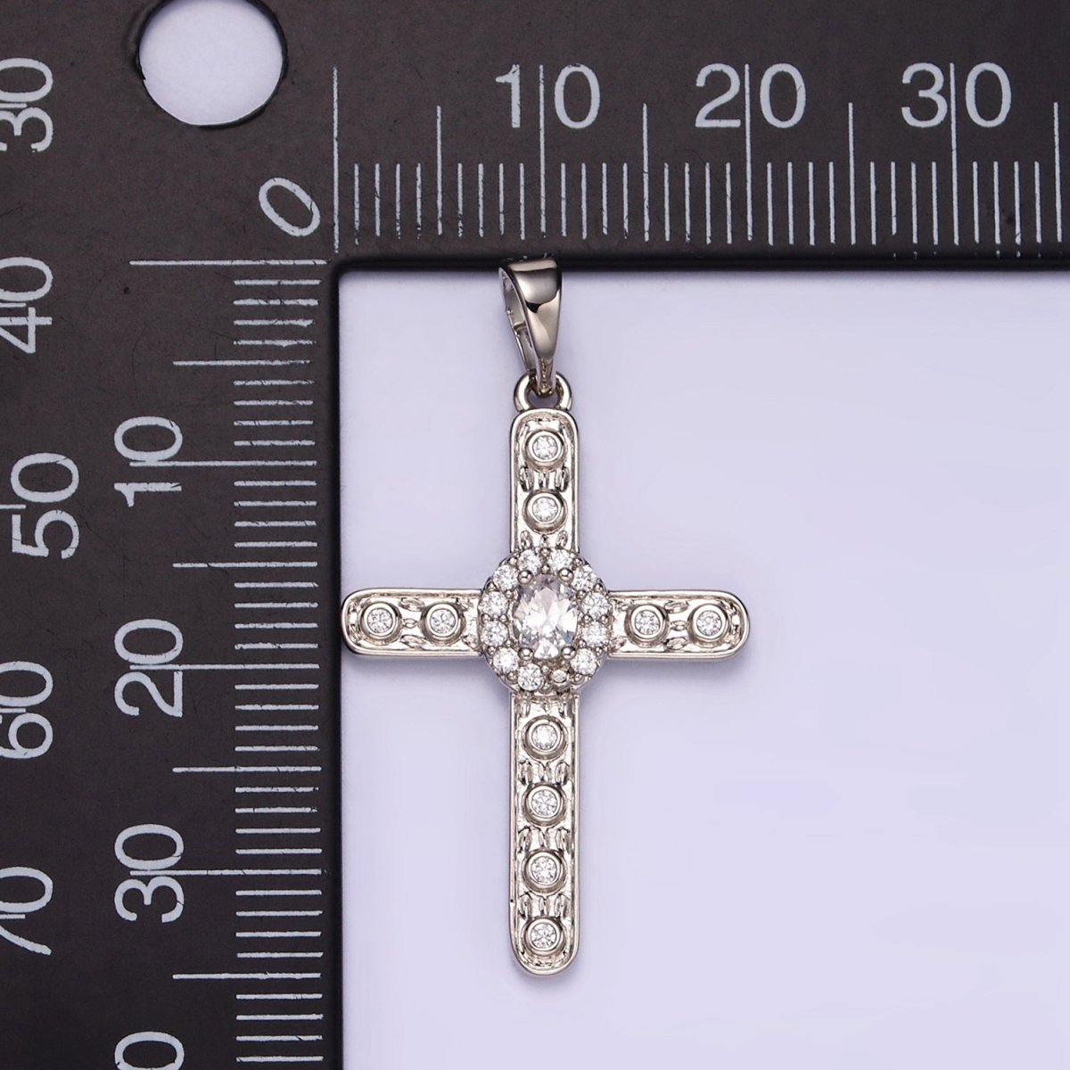 White Gold plated Clear CZ Micro Paved Dotted Religous Cross Pendant | I364 - DLUXCA