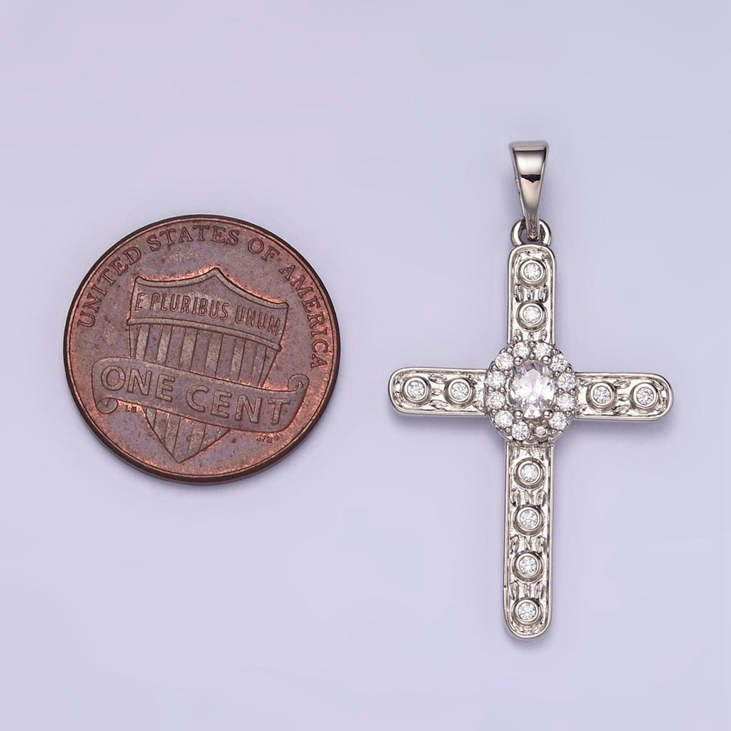 White Gold plated Clear CZ Micro Paved Dotted Religous Cross Pendant | I364 - DLUXCA