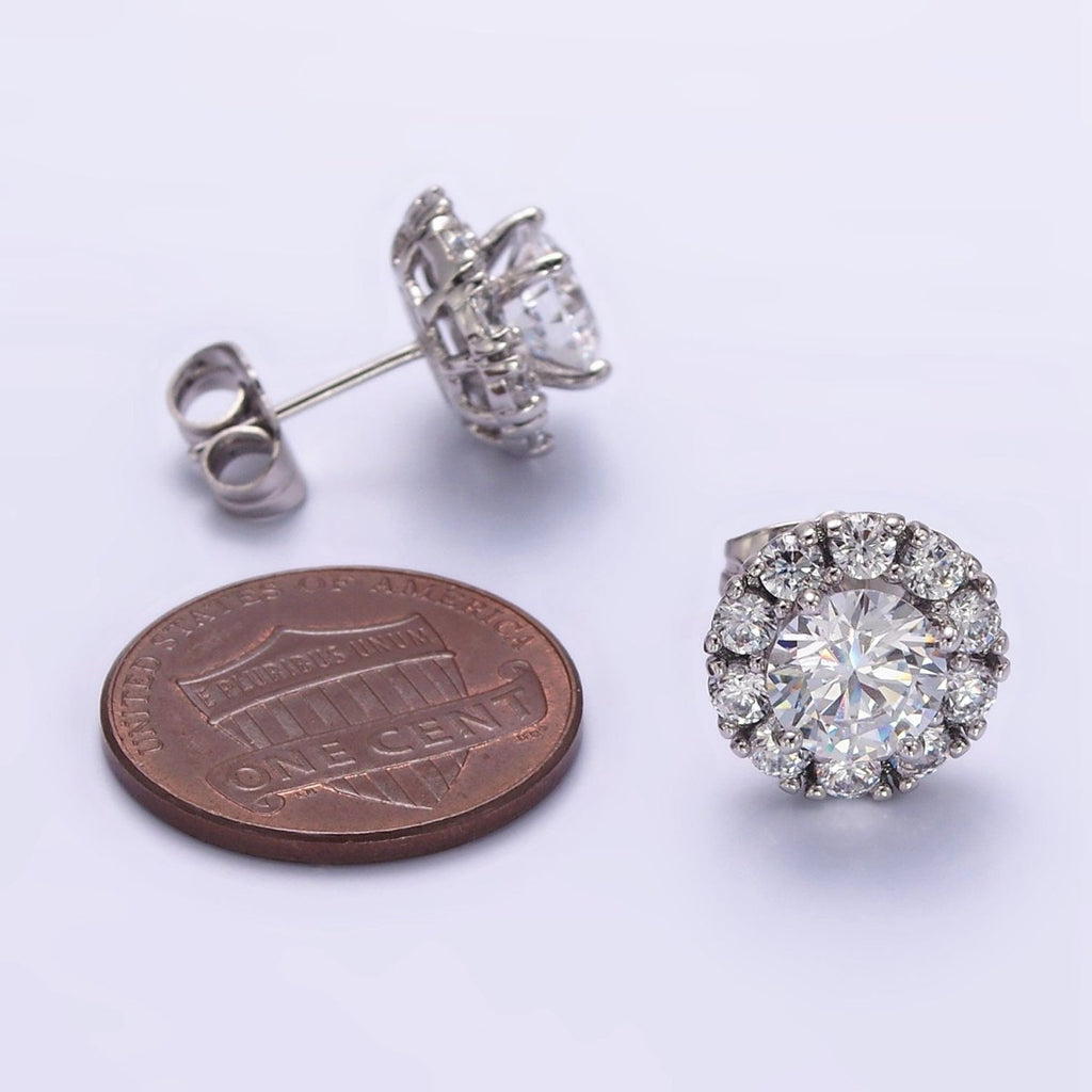 White Gold plated Clear CZ Round Stud Earrings | Q165 - DLUXCA