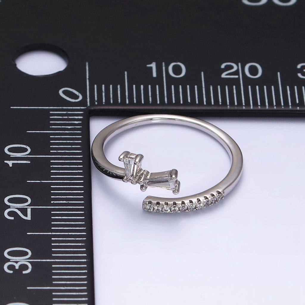 White Gold plated Clear Double Baguette Micro Paved Lined Open Adjustable Ring | O-010 - DLUXCA