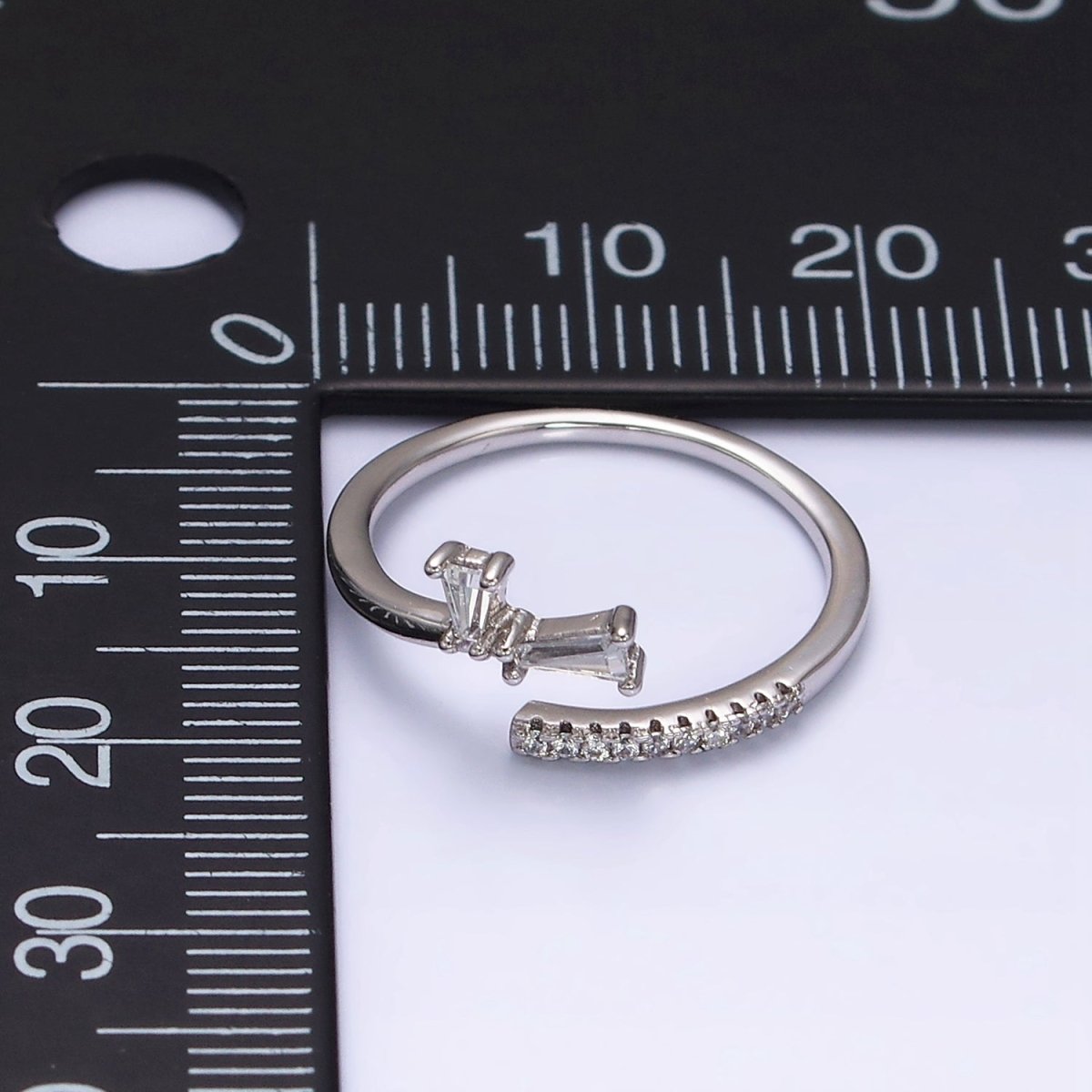 White Gold plated Clear Double Baguette Micro Paved Lined Open Adjustable Ring | O-010 - DLUXCA