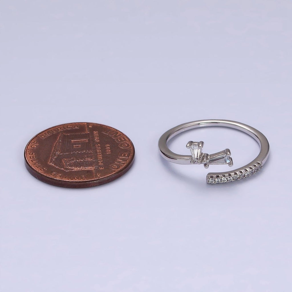 White Gold plated Clear Double Baguette Micro Paved Lined Open Adjustable Ring | O-010 - DLUXCA