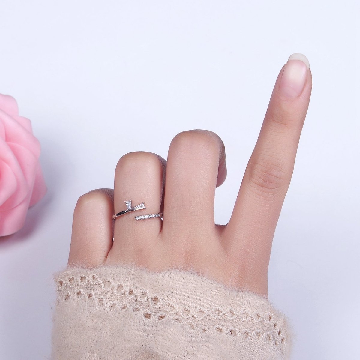 White Gold plated Clear Double Baguette Micro Paved Lined Open Adjustable Ring | O-010 - DLUXCA