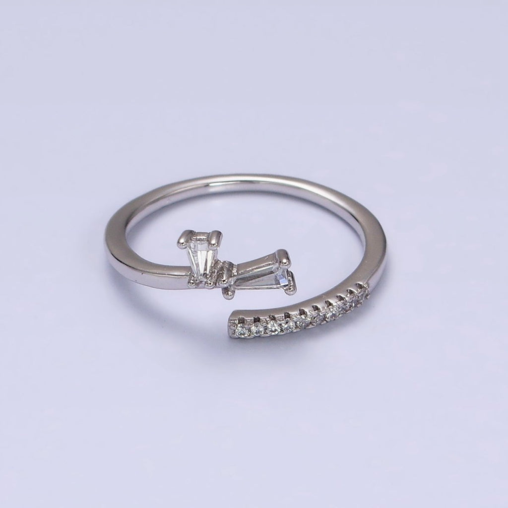 White Gold plated Clear Double Baguette Micro Paved Lined Open Adjustable Ring | O-010 - DLUXCA