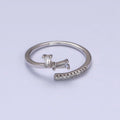 White Gold plated Clear Double Baguette Micro Paved Lined Open Adjustable Ring | O-010 - DLUXCA