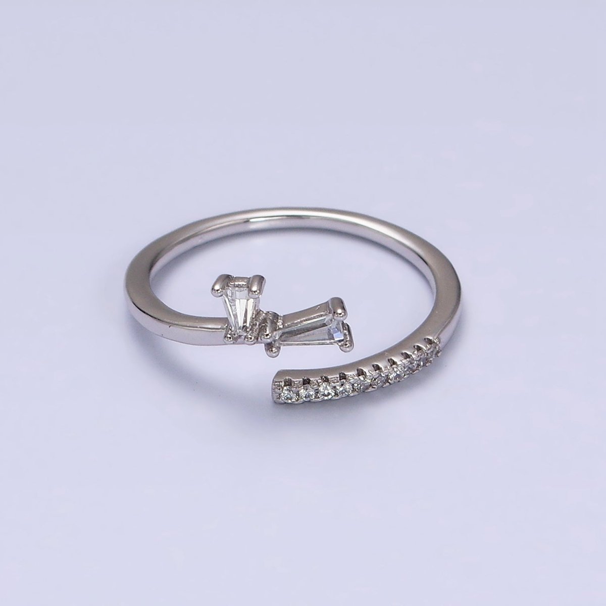 White Gold plated Clear Double Baguette Micro Paved Lined Open Adjustable Ring | O-010 - DLUXCA