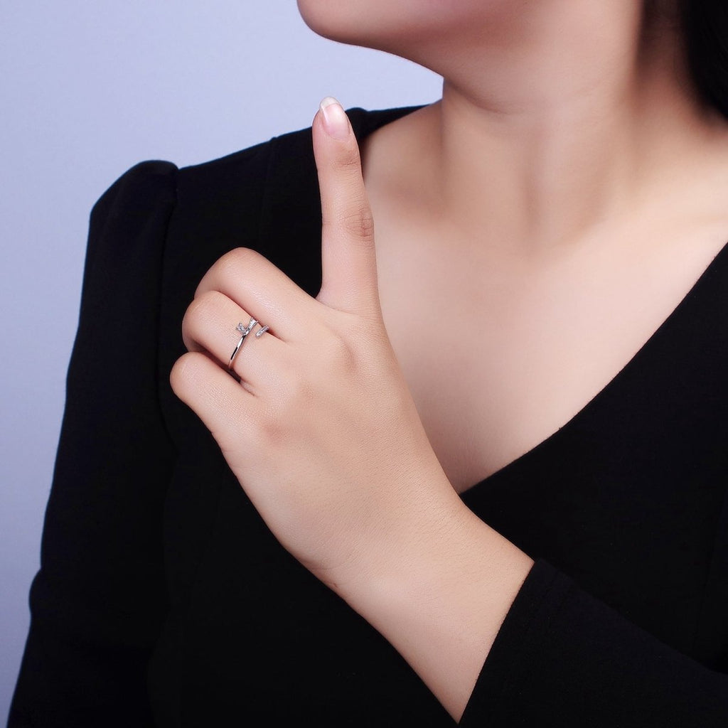 White Gold plated Clear Double Baguette Micro Paved Lined Open Adjustable Ring | O-010 - DLUXCA