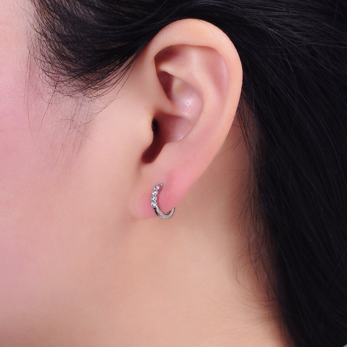 White Gold plated Clear Micro Paved CZ 10mm Cartilage Huggie Earrings | AD1543 - DLUXCA