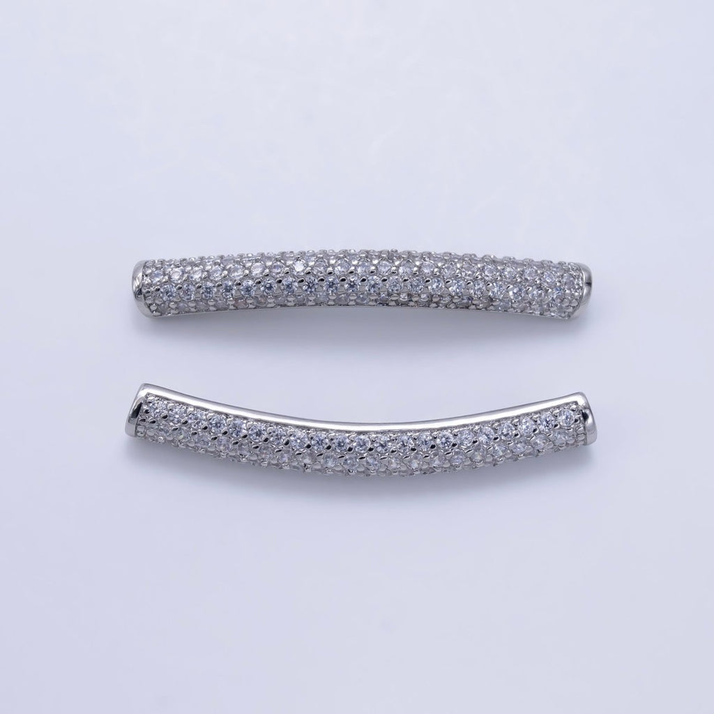 White Gold plated Clear Micro Paved CZ Tube Bead | B633 - DLUXCA