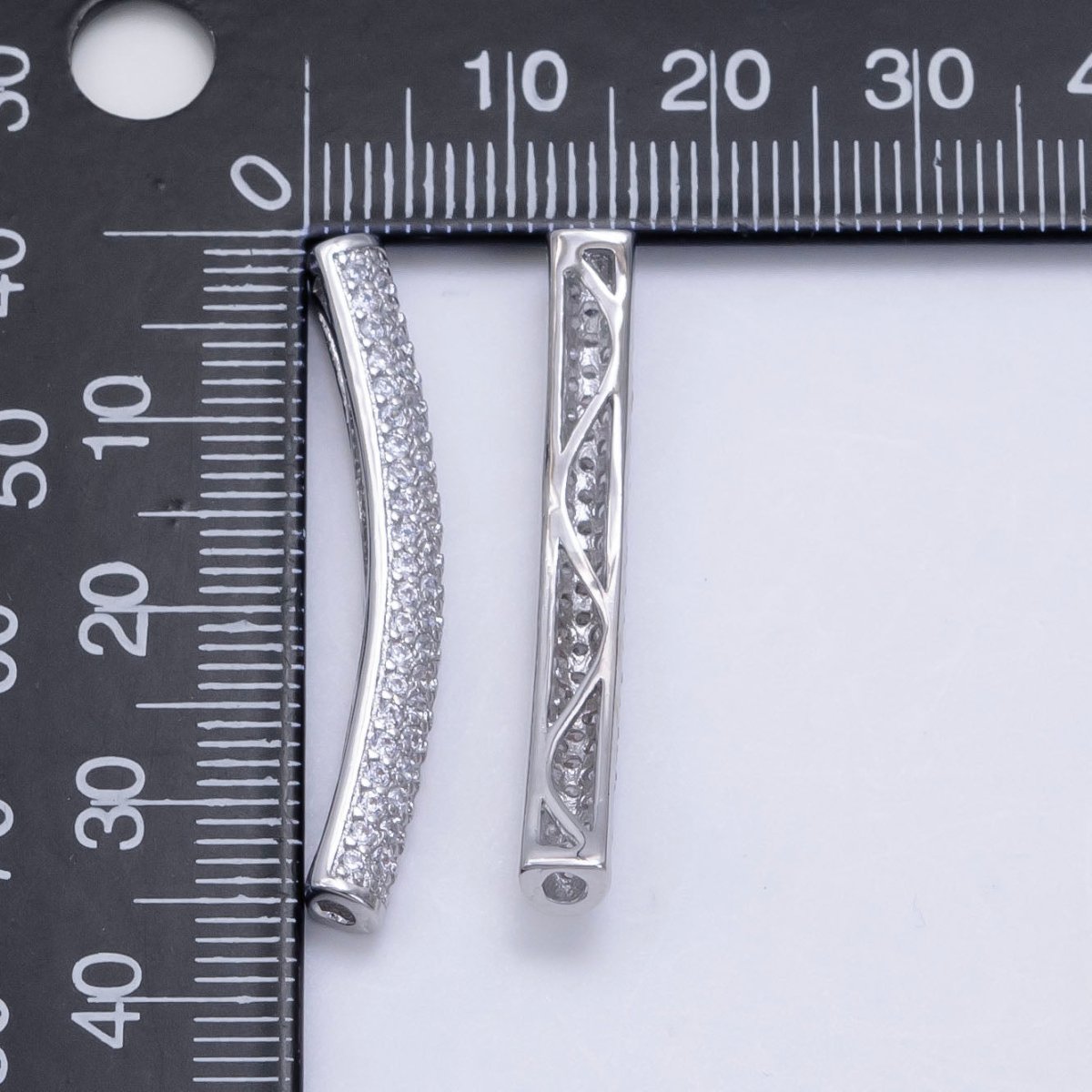 White Gold plated Clear Micro Paved CZ Tube Bead | B633 - DLUXCA
