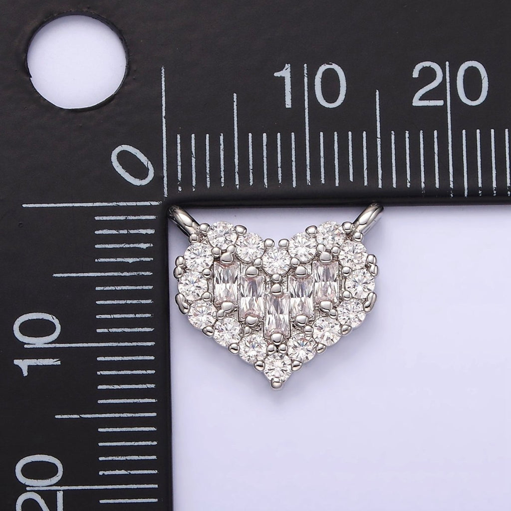 White Gold plated Clear Multiple Baguette Micro Paved CZ 14mm Heart Connector G-787 - DLUXCA