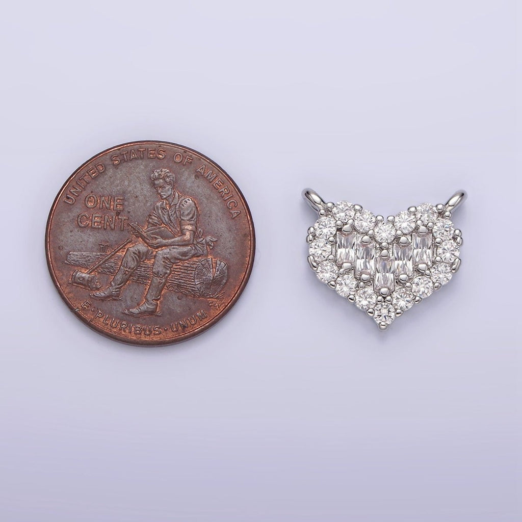 White Gold plated Clear Multiple Baguette Micro Paved CZ 14mm Heart Connector G-787 - DLUXCA